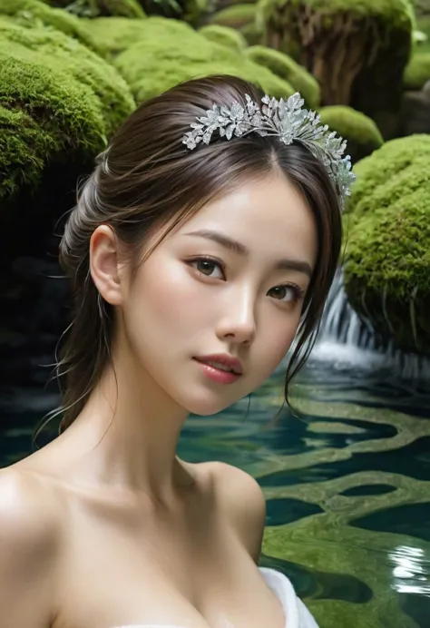 mejor calidad, obra maestra, ultra high resolution, 26-year-old supermodel takes a thermal bath in japan, aguas termales al aire...