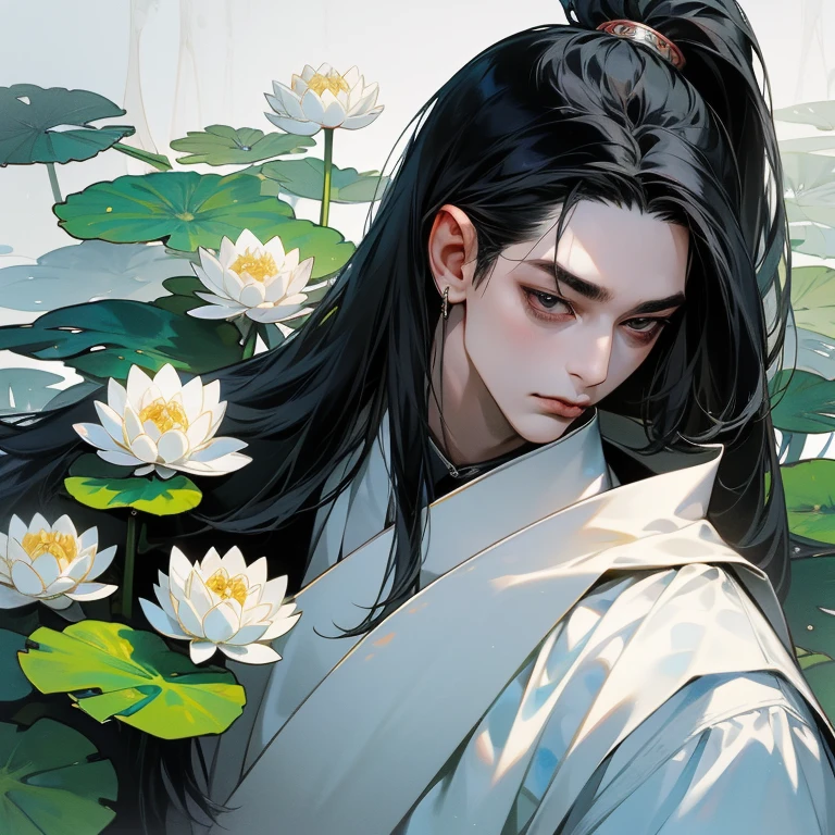 (((high ponytail、One mature adult man、Looks like Leo Law、Face similar to Luo Yunxi、Face similar to Luo Yunxi、Close-up、portrait、white skin、1 mature male、30 years old、black髪、long hair、漆blackのblackい目、White ancient chinese costume)))、Human shaped ear、Simple Hair Ornaments、Long, sexy, narrow eyes、beautiful、Upper body、various poses、perfect proportions、smooth hair、Glossy and beautiful hair、漆blackのblack髪、腰まで伸びたlong hair、風になびくlong hair、White water lily flowers and light blue water lily leaves in the background、Upper body、chinese anime、devil chieftain style、looking at the viewer、Delicate thin eyelashes、black、Money、watercolor painting、natural light