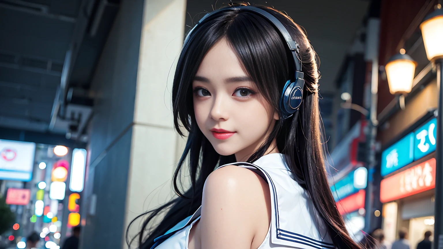 (Auriculares:1.3)、chica anime, pequeño curvilíneo ,, esbelto、expresión suave、sonrisa、arte de anime digital detallado, senos pequeños, Lindo anime waifu en uniforme de marinero.,  en traje de marinero, Noche(Fondo del centro de Tokio:1.3)、Caminar、arte de anime detalladoワーク, arte de anime detallado, Arte oficial altamente detallado, Kshatkrentz Arte Clave Femenino, [ arte digital 4K ]!!