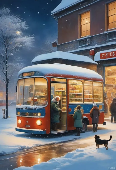 （masterpiece，photography，lifelike，）winter，heavy snow，snow，late night，convenience store at night，supermarket，huge glass windows，t...