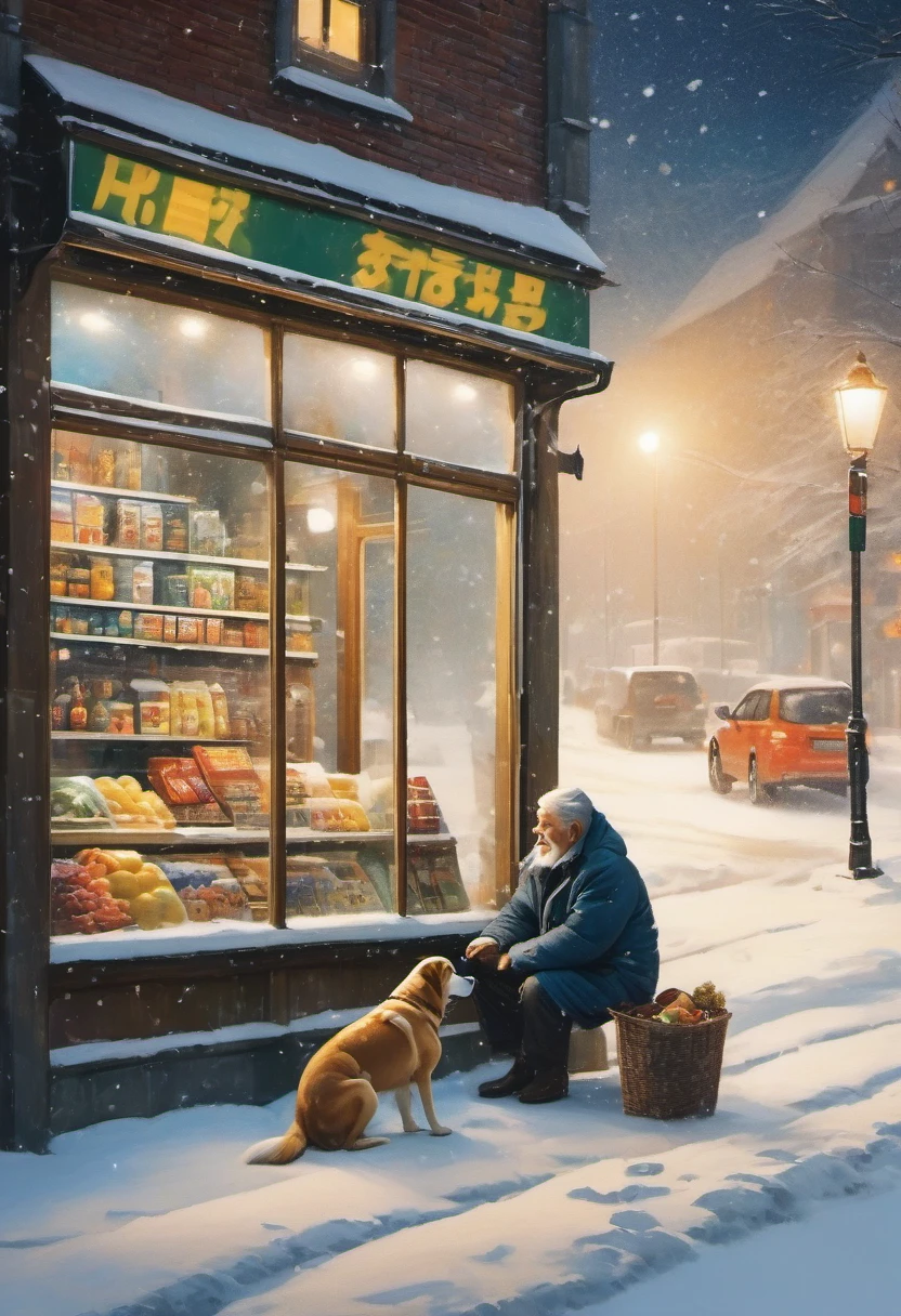 （obra de arte，fotografia，realista，）inverno，heavy neve，neve，Tarde da noite，Conveniência à noite，supermercado，Enormes janelas de vidro，O velho e o cachorro na janela，ponto de ônibus