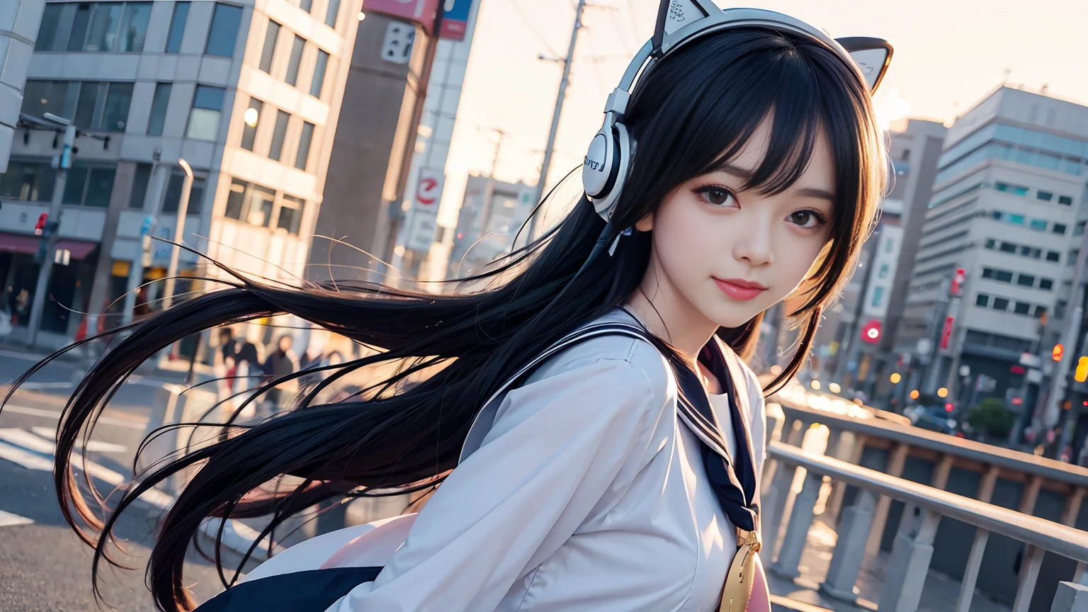 (headphones:1.3)、anime girl, small curvaceous ,, slender、soft expression、smile、detailed digital anime art, small breasts, Cute anime waifu in sailor uniform,  in a sailor suit, Night(Background of downtown Tokyo:1.3)、walk、whole body、detailed anime artワーク, detailed anime art, Highly detailed official artwork, Kshatkrentz Key Art Female, [ 4K digital art ]!!