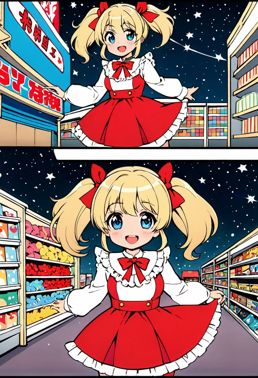 Candy Candy\' by Toei Animation, detailed art style, vintage aesthetic, emotional melodrama, inspired by Keiko Nagita and Yumiko Igarashi's original manga, in a midnight convenience store, starry night, vignettes, comic, dress, blonde_hair, twintails, boots, flower, bow, open_mouth, red_dress, hair_bow, frills, retro_artstyle, ribbon, smile, blue_eyes, long_hair, long_sleeves, full_body