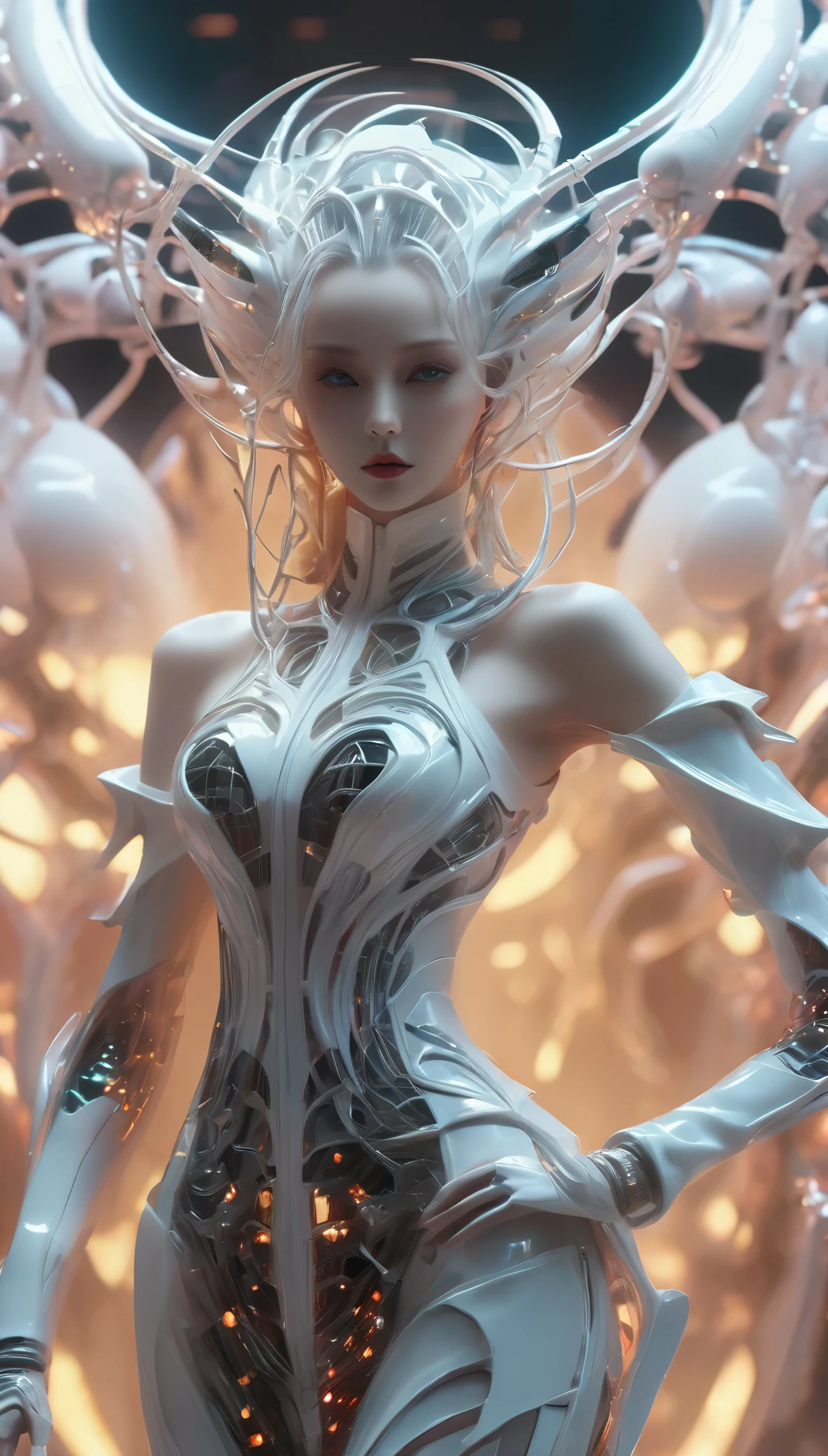 A fashion runway for alien technology , vogue photography , Inspired by Chinese Xianxia and cyberpunk。(Best quality,4K,8K,A high resolution,Masterpiece:1.2), (Realistic,Photorealistic,photo-realistic:1.37).