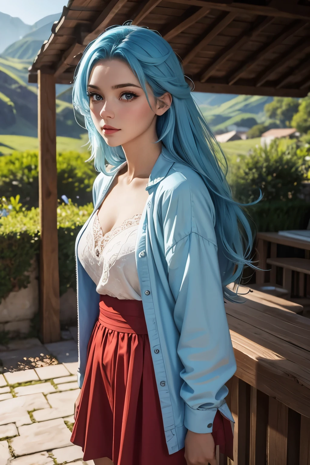 (best quality, ultra-detailed, realistic:1.37), picturesque scenery, young woman, 20 years old, captivating eyes, sky blue hair, enchanting gaze, vibrant red, cheerful atmosphere, sexy attire, outgoing personality, revealing, surrounded by beautiful landscape.