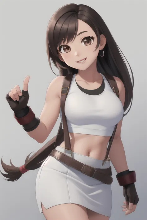 1girl, solo, masterpiece; looking at viewer, smiling; defTifa, white crop top, elbow pad, fingerless gloves, suspenders, pencil ...
