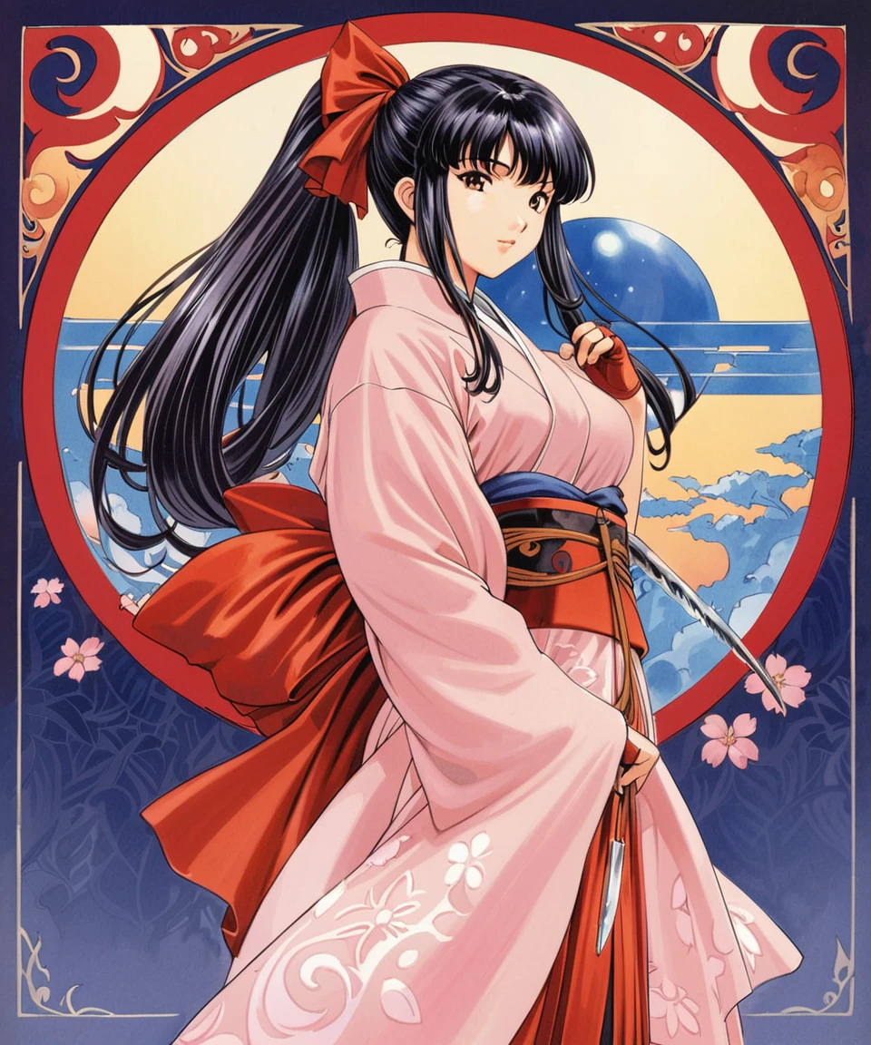 masterpiece, highest quality, divine quality, godlike art, Art Nouveau watercolors, highly detailed face, very realistic, cute, Shinguji Sakura, 1 girl, arms, alone, sword, kimono, bow, black hair, red bow, long hair, brown eyes, gloves, petal, fingerless gloves, cherry blossoms, knife, hair bow, ponytail, kimono, Similarly, Similarly skirt, traditional media, Nice views , flower-like_background, Intricate designs and patterns in the style of Alphonse Mucha.from below