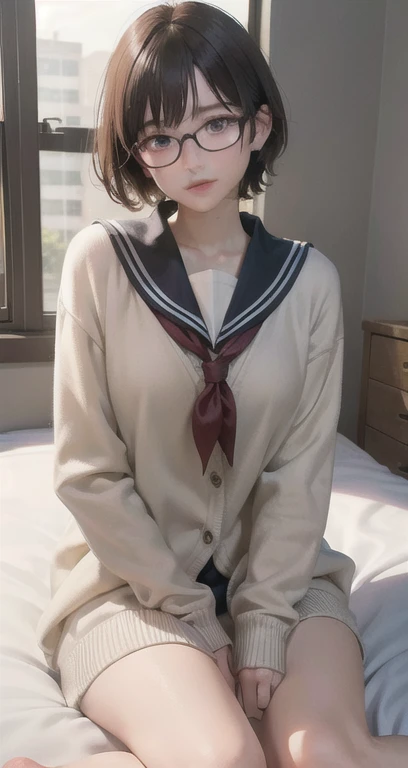 { masterpiece : highest quality : detailed face : High resolution : lip details : unity 8k wallpaper : 3D realistic illustration } { background = my room } { teenager : short hair : height１５０centimeter: perfect slender body : Perfectly small breasts : Glasses :	cardigan :sailor suit:: Lie down on the bed: }