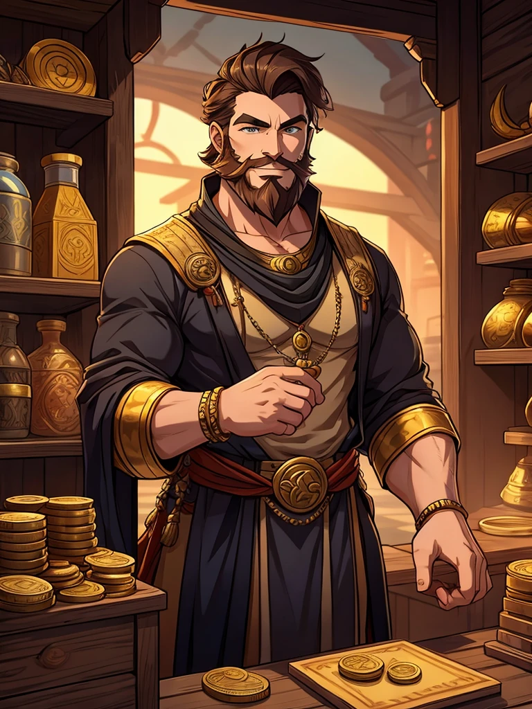 The God of Trade, smirk, coins, beard, short hair, rings, merchant clothes