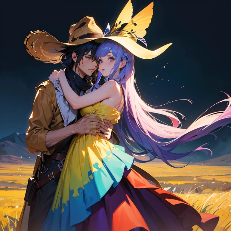 fantasy style drawing, background space a lot of air, prairie landscape,  American wild west style, man and woman in love, Wearing hats, drawing painting in bright colors, long hair, whole body, stand hugging, bare shoulders, fantasy style, hyperrealistic, Detailed, color background, Artistic drawing, fantasy bright