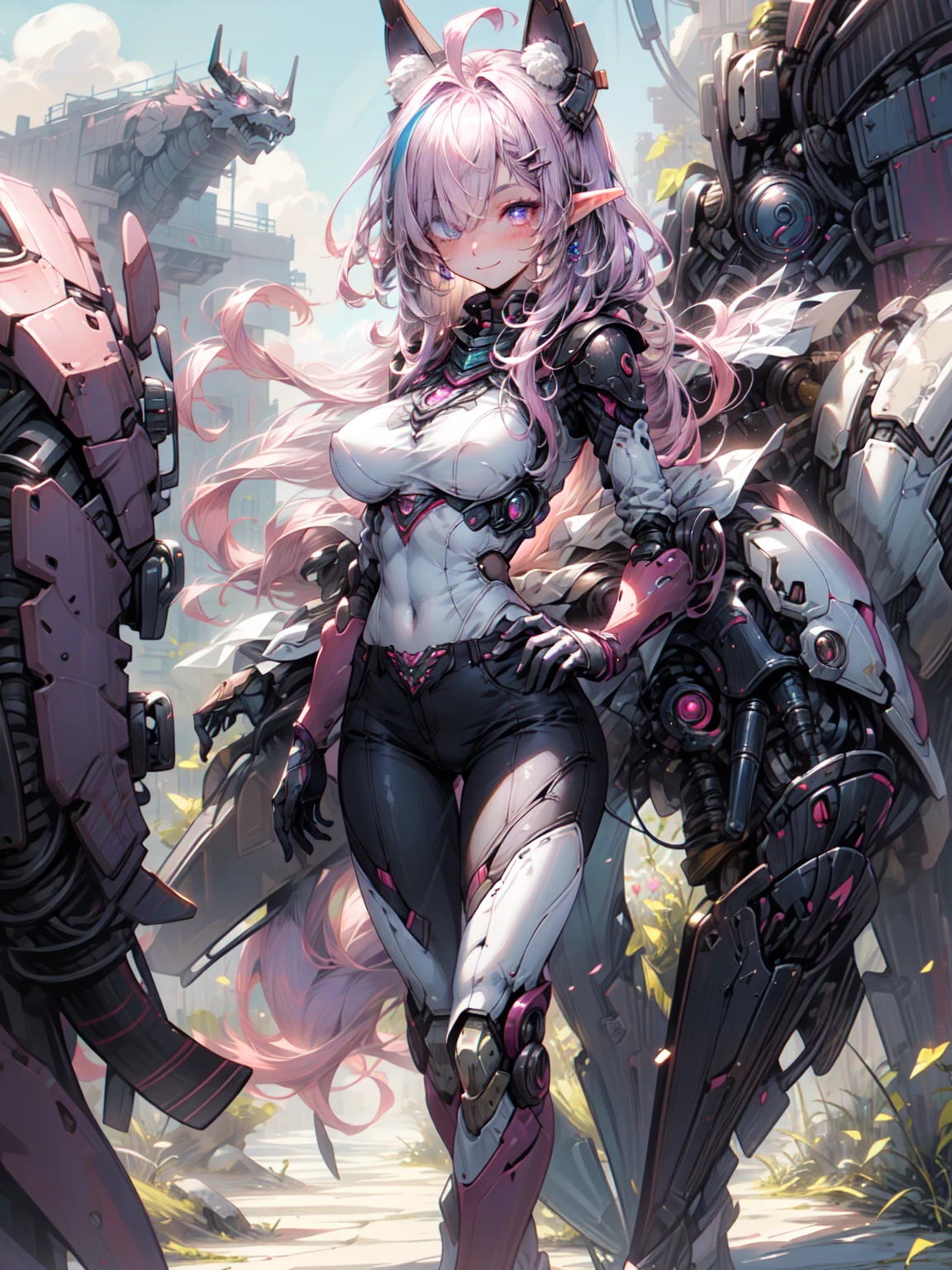 dragon ears, cbpkv5,1 girl,steampunk, (masterpiece, 最high quality, high quality, High resolution, Super detailed),  , (((perfect female body, tight waist))),(big breasts:1.2), looking at the viewer,(nude:1),(( standing girl, outdoor, alone, )), (black mech,Mecha Dragonbane HD Girl,full body), Blake、（dark elf), (1 girl), alone, perfect face, get used to it, Ahoge, ((long hair:1.2)), (hair above one eye:1.3), [[messy hair]], Shiny blonde white hair, purple eyes, multicolored eyes, colorful hair, shining eyes, (eyelash, eye shadow, pink eye shadow), bright, smile, design art by Mikimoto Haruhiko, by Kawashi, By Yoshitaka Amano