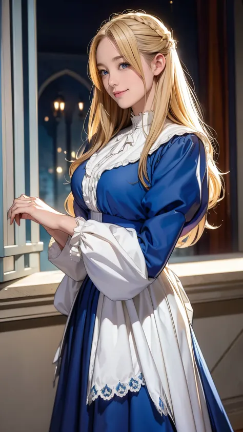 Blonde Anime Porn - Anime girl in blue dress standing on a bridge with a castle in the  background - SeaArt AI