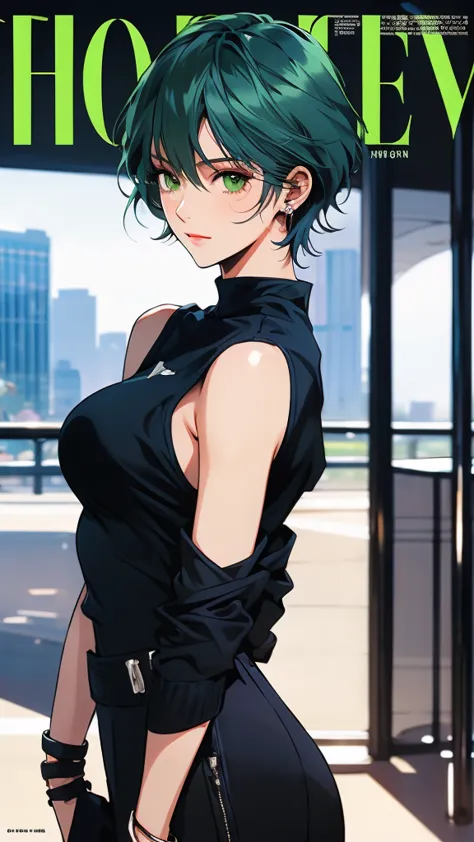 ((1girl)), mature woman, tamaki, green eyes, small eyes, green hair, (boyish short hair:1.3), Fashion magazine cover, high fashi...