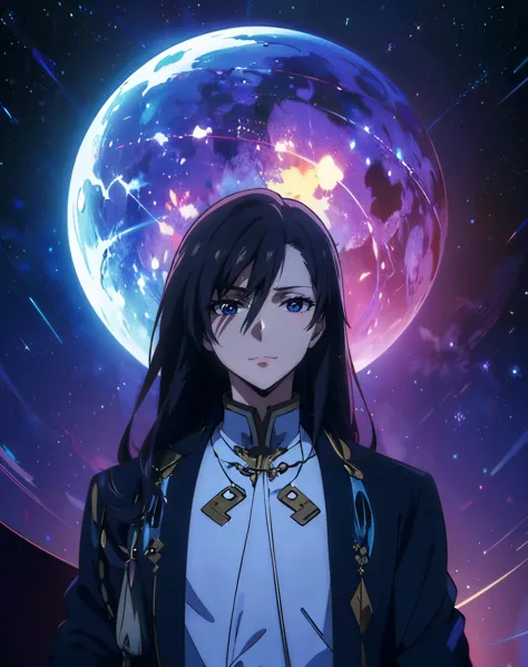 a woman in a black jacket standing in front of a blue and purple planet, beautiful androgynous prince, anime key visual of elega...