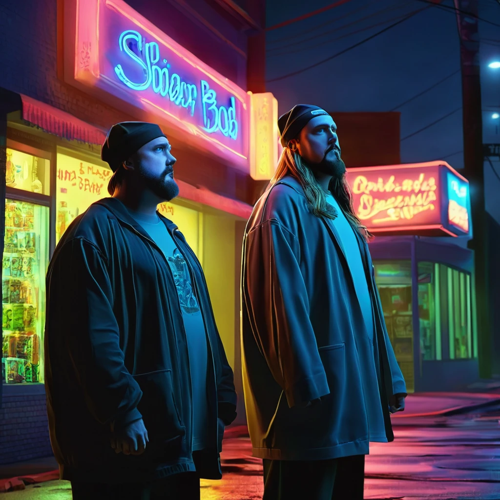 by movie "Jay and Silent Bob Strike Back" by Kevin Smith . Jay and Silent Bob They are leaning against the wall, outside a midnight convenience store. Night, lanterns. City. bright colors, surreal, hyperrealism, by Neo Rauch, perfect composition, beautiful detailed intricate insanely detailed octane render trending on artstation, 8 k artistic photography, photorealistic concept art, soft natural volumetric cinematic perfect light, chiaroscuro, award - winning photograph, masterpiece, High Resolution, High Quality, Masterpiece