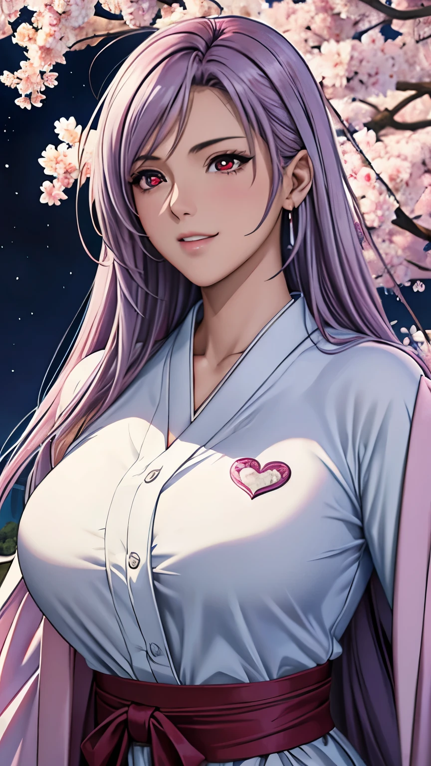 red eyes, (highest quality, masterpiece painting:1.3), immature woman, 16 years old, (half body shot), masterpiece, ultra high resolution, (Photoreal:1.0), light purple hair,straight hair, beautiful shining hair, white and shining skin, ((Ultra realistic details)), octane rendering, highly detailed face, (big breasts:0.8), (make a heart with hands),（(Translucent white robe),  (pink feather robe,Layering), White cherry blossom embroidery pattern, silver earrings,（milky way galaxy), Hair flutters under the influence of the wind, Japanese garden with beautiful cherry blossoms at night, Mysterious night sky, Beautiful Landscapes, sharp focus, intricate details, professional artwork, (bright colors:1.1), bright colors, diffused lighting, digital blending, ultra-definition body, ultra detail hair, super detailed face, that&#39;It&#39;s trending on pixiv, top button open, Cute gaze, compensate, perfect lips, perfect compensate, Ultra-precision coating,  (light_smile:0.8), (Very embarrassed:1.2), blush your nose,