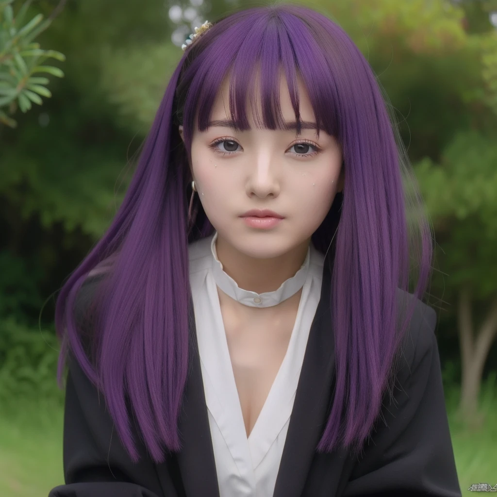 1 girl,alone,purple hair,long hair,purple eyes,dull bangs,side lock,half up hair,bright pupils, hair ornaments,Ruffled collar,black robe,white dress,center ruffle,button,wide sleeve,long sleeve,crooked,cowboy shot, looking at the viewer, and white skin,knees,,absurd,(masterpiece:1.3), (High resolution), (8K), (very detailed), (4k), (pixiv), perfect face, beautiful eyes and face, (最high quality), (Super detailed), detailed face and eyes,pubic hair,いPeeを漏らす裸の女の子,1 girl,alone,spread your legs, embarrassing, blush,いPee, (sweating:1.4),spread your legs,1 girl, (alone), High resolution, use_fast_no_frozen_style, use_fast_no_frozen_style, high quality, 1 girl, nude, Pee, squat, touch the vagina,standing, raise one leg
