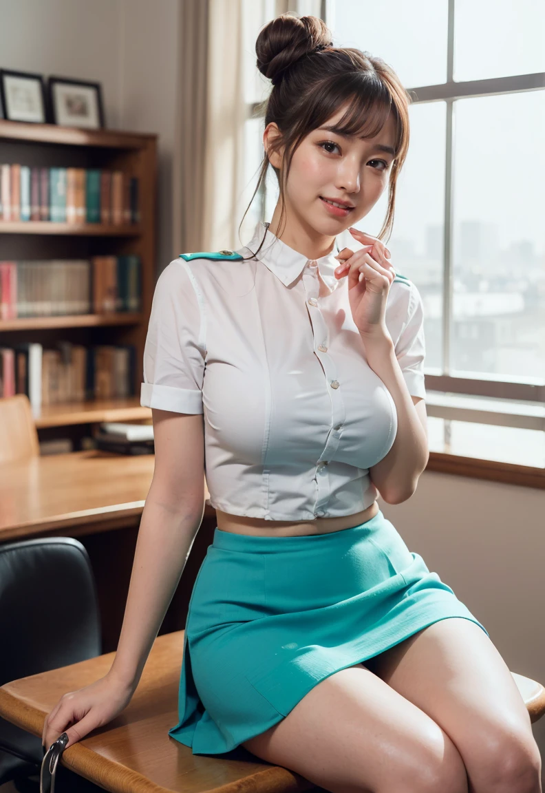 (((neat woman, hide,Bright-eyed excitement,smile,blush,blush,red cheek,please touch me,tempting viewer,i want you))),(sitting down,leaning forward),((((blush,red cheek,sweat)))),(cinematic lighting), (Photo real:1.4)、(A hyper-realistic:1.4)、(Photorealistic:1.3)、 (gentle lighting: 1.05)、(Improve the lighting quality of your video:0.9)、 32k、25years old woman、photorealistic lighting、Back lighting、Facial Lights、Ray Trace、(bright:1.2)、(Increase quality:1.4)、 (best quality real texture skin)、Fair eyes,delicate face、 Close-up of the face,  ((Wearing the turquoise stewardess uniform,turquoise stewardess,mini skirt,high-heel),(Bodyline mood improvement:1.1)、Glossy skin、korean idol、Nogizaka Idol、good figure,perfect anatomy,Beautiful actress,(((beautiful large breasts,underboob,slender waist,slender hip,long slender legs,8heads tall))),(((8heads tall))),(((brown hair bun,curtain bangs))),(((in the beautiful modern office of library,super clean night view,in the night))),