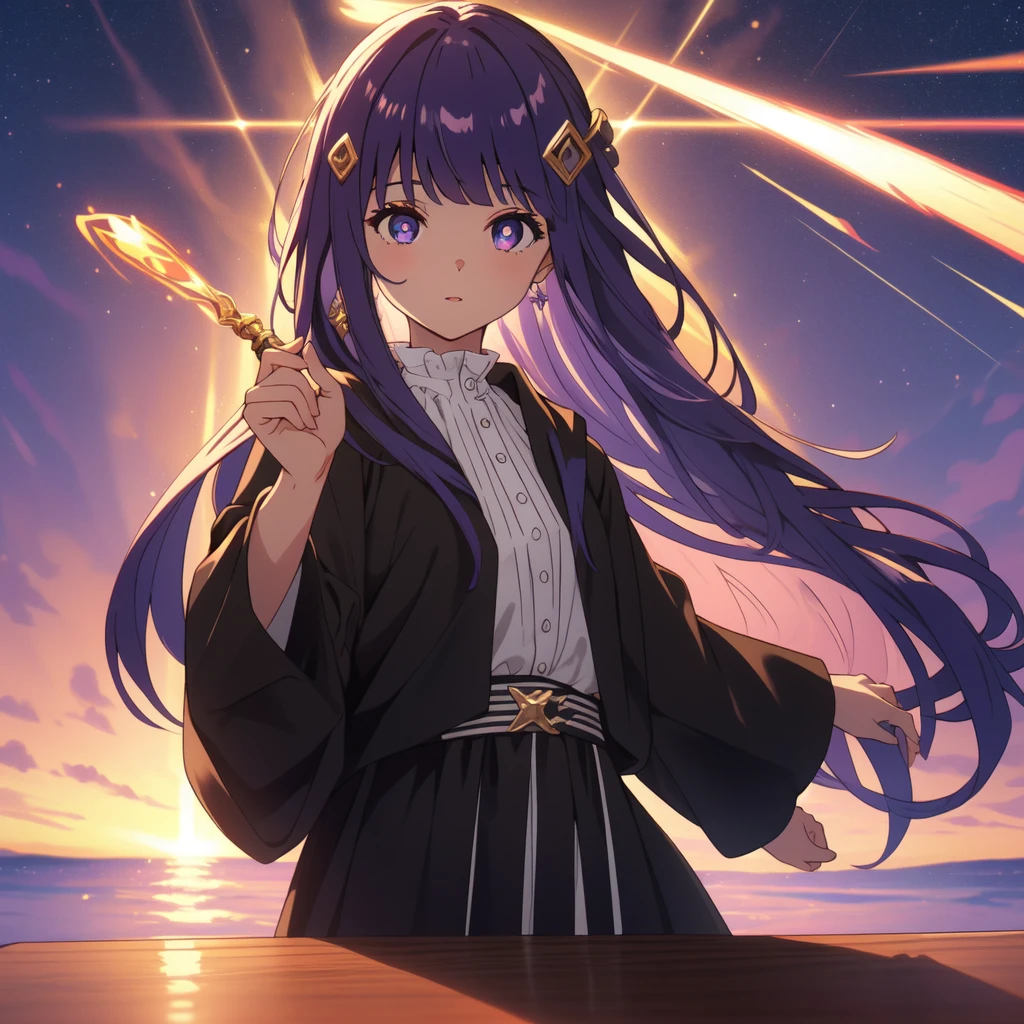 1 girl,alone,purple hair,long hair,purple eyes,dull bangs,side lock,half up hair,bright pupils, hair ornaments,Ruffled collar,black robe,white dress,center ruffle,button,wide sleeve,long sleeve,crooked,cowboy shot, looking at the viewer, and highest quality,((highest quality)),((table top)),((perfect face)),get used to it５two-fingered hand,1 girl,(background blur), ((holographic)),1 girl,milky way, (stripes of light), impressive visuals, (dynamic streak, path of light:1.2), bright colors,full body,dynamic pose