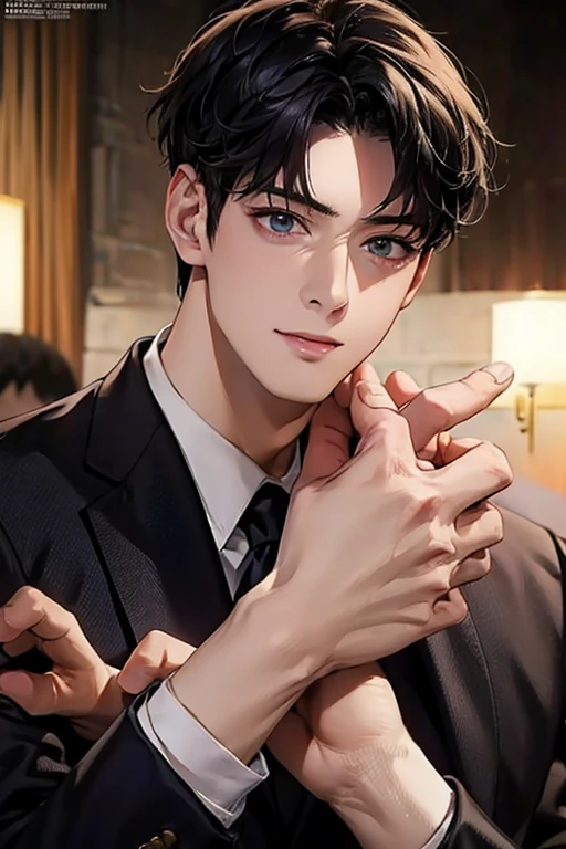 masterpiece, masterpiece_portrait, distinct, distinct_image, high_resolution, highres, high_quality_anime, high_quality, hyper_detail, finely_detailed,4K, men, ChaEunWu, a man in a suit, navy suit,perfect_face, perfect_eyes,perfect_arms, perfect_hands, perfect_fingers, perfect_legs, perfect_feet, perfect_toe