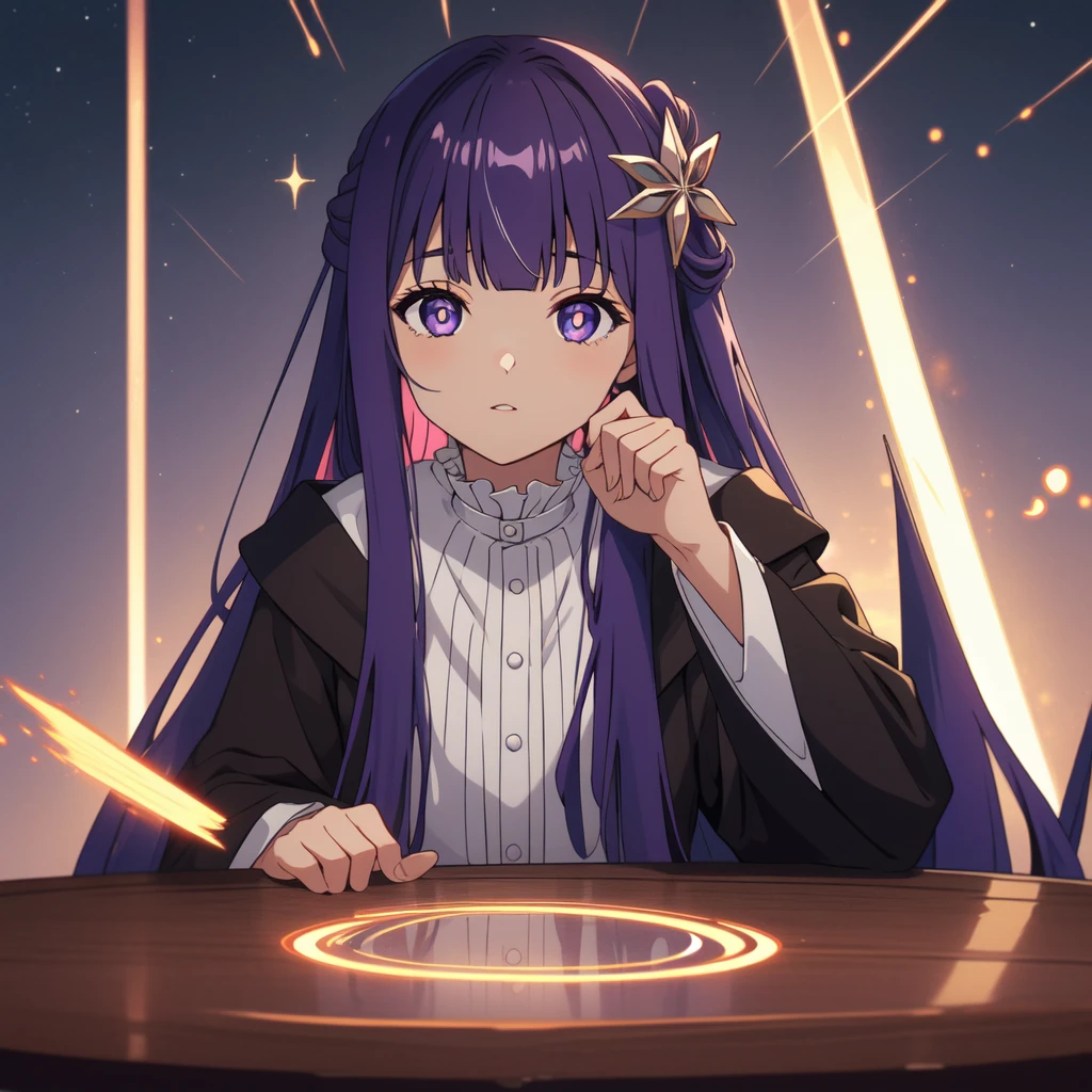 1 girl,alone,purple hair,long hair,purple eyes,dull bangs,side lock,half up hair,bright pupils, hair ornaments,Ruffled collar,black robe,white dress,center ruffle,button,wide sleeve,long sleeve,crooked,cowboy shot, looking at the viewer, and highest quality,((highest quality)),((table top)),((perfect face)),get used to it５two-fingered hand,1 girl,(background blur), ((holographic)),1 girl,milky way, (stripes of light), impressive visuals, (dynamic streak, path of light:1.2), bright colors, full body, dynamic pose