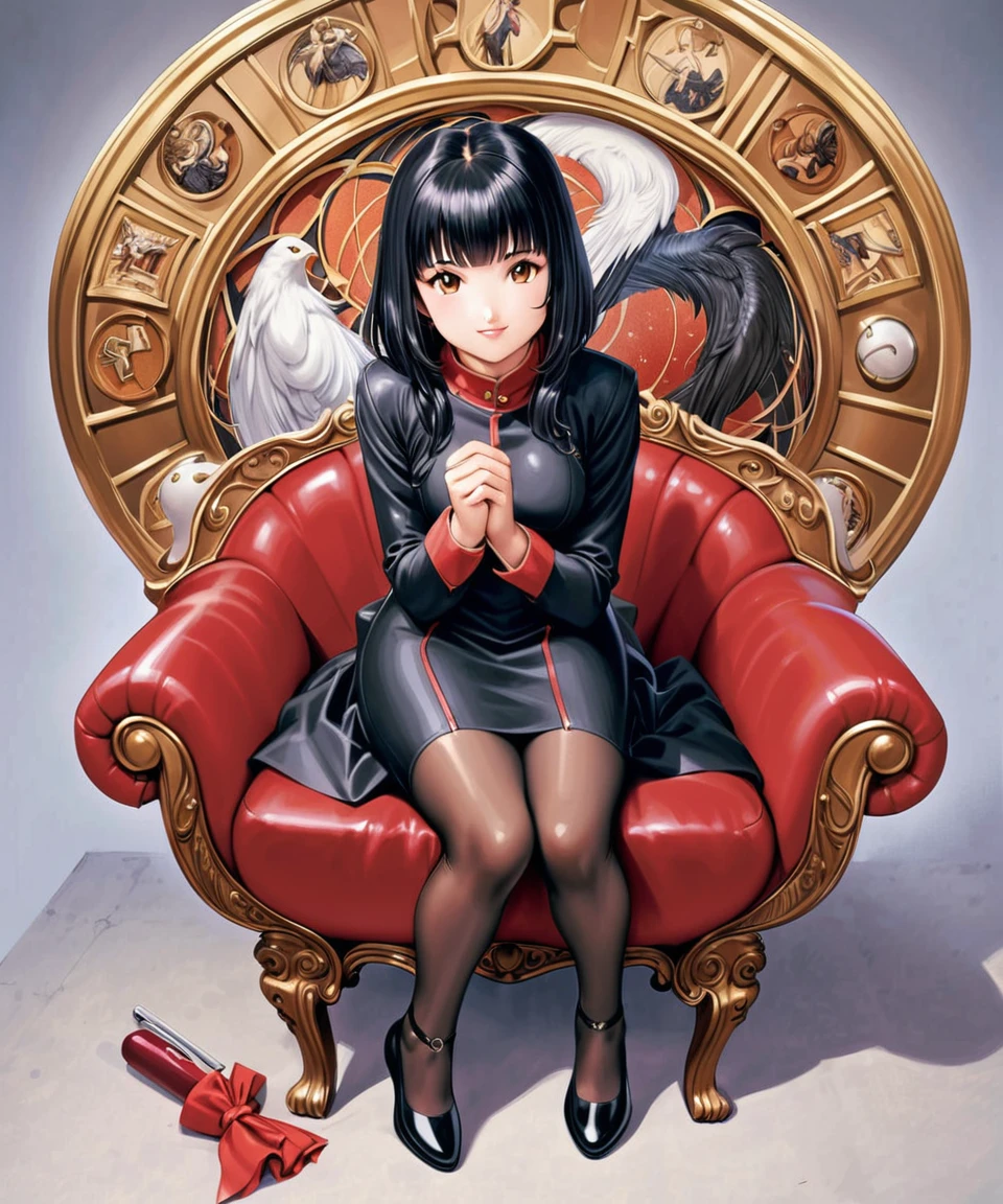 masterpiece, highest quality, divine quality, godlike art, highly detailed face, very realistic, cute, Kitaoji Hanabi, 1 girl, alone, pantyhose, black hair, ((Hair length is shoulder length)), dress, sitting, long sleeve, Put your own hands together, black dress, looking at the viewer, black footwear, black pantyhose, shoes, smile, traditional media, full body, bangs