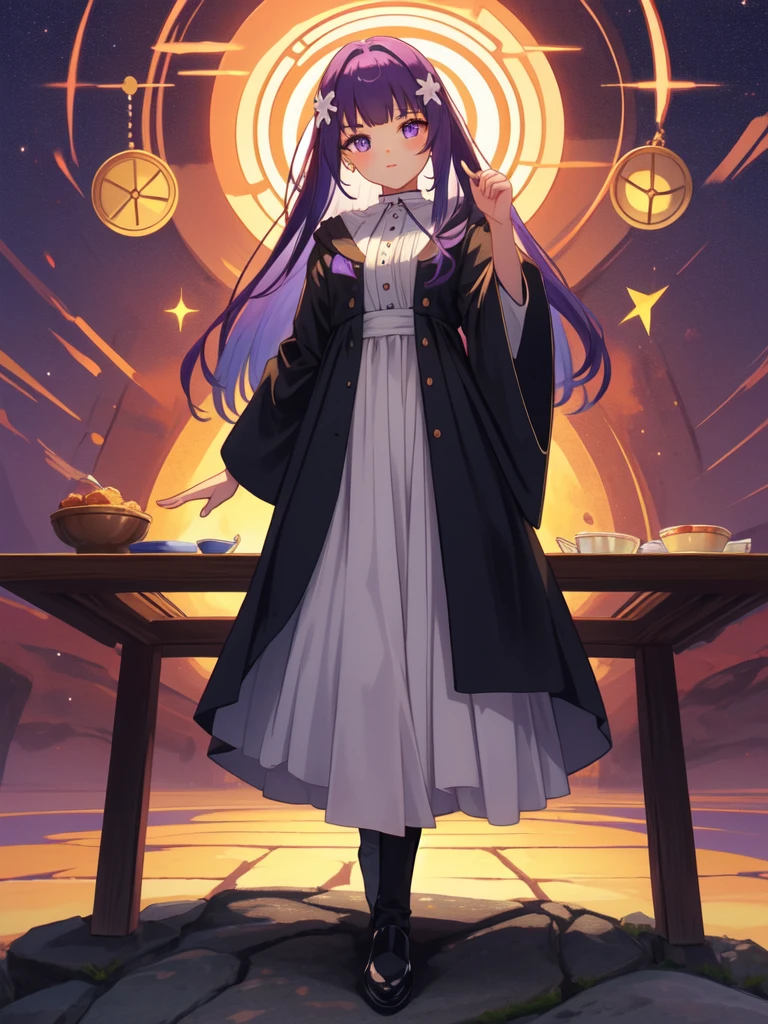 full body, dynamic pose, 1 girl,alone,purple hair,long hair,purple eyes,dull bangs,side lock,half up hair,bright pupils, hair ornaments,Ruffled collar,black robe,white dress,center ruffle,button,wide sleeve,long sleeve,crooked,cowboy shot, looking at the viewer, and highest quality,((highest quality)),((table top)),((perfect face)),get used to it５two-fingered hand,1 girl,(background blur), ((holographic)),1 girl,milky way, (stripes of light), impressive visuals, (dynamic streak, path of light:1.2), bright colors