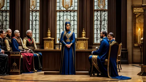 Create an immersive scene of Zenobia holding court in the great hall of her palace, surrounded by her courtiers and advisors, he...