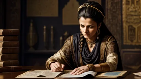 Paint a portrait of Zenobia in her private chambers, surrounded by maps and scrolls as she studies the strategies of her Roman a...