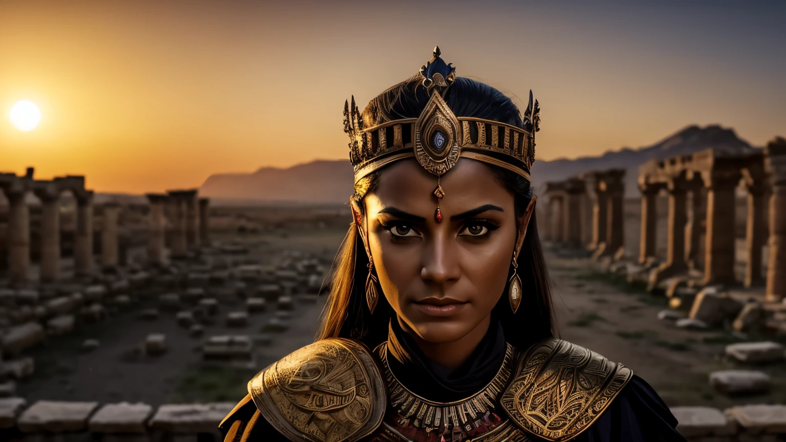 Imagine a cinematic shot of Zenobia, the warrior queen, standing atop the ancient walls of Palmyra at dusk, silhouetted against the fiery hues of the setting sun. The camera, positioned at a low angle, slowly pans upward to capture her commanding presence, framed by the crumbling architecture of the besieged city. Soft, golden light bathes the scene, casting long shadows that accentuate the rugged terrain and the determination etched upon Zenobia's face. The soundtrack swells with epic orchestral music, heightening the sense of drama and anticipation as Zenobia prepares to lead her people into battle against the encroaching Roman legions. The overall effect is one of cinematic grandeur, invoking the timeless allure of ancient legends and the indomitable spirit of a queen defying the might of empires