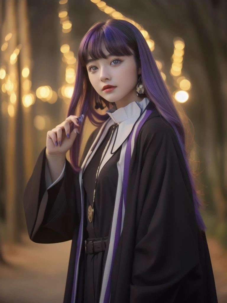 full body, dynamic pose, 1 girl,alone,purple hair,long hair,purple eyes,dull bangs,side lock,half up hair,bright pupils, hair ornaments,Ruffled collar,black robe,white dress,center ruffle,button,wide sleeve,long sleeve,crooked,cowboy shot, looking at the viewer, and highest quality,((highest quality)),((table top)),((perfect face)),get used to it５two-fingered hand,1 girl,(background blur), ((holographic)),1 girl,milky way, (stripes of light), impressive visuals, (dynamic streak, path of light:1.2), bright colors