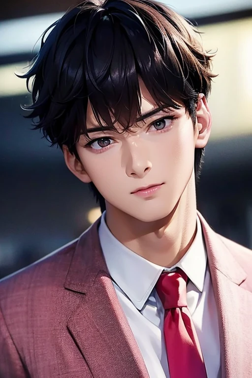 masterpiece, masterpiece_portrait, distinct, distinct_image, high_resolution, highres, high_quality_anime, high_quality, hyper_detail, finely_detailed,4K, men, ChaEunWu, a man in a suit, pink suit,