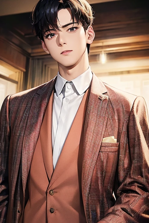 masterpiece, masterpiece_portrait, distinct, distinct_image, high_resolution, highres, high_quality_anime, high_quality, hyper_detail, finely_detailed,4K, men, ChaEunWu, a man in a suit, pink suit,