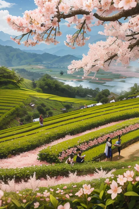 best quality，actual，real life，photography，masterpiece，best quality，there are several cherry blossoms in the tea field，terraces，d...