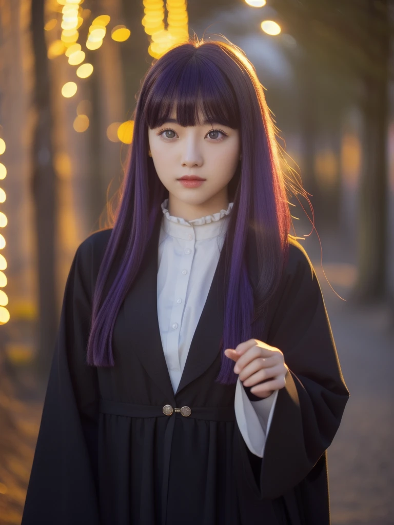 full body, dynamic pose, 1 girl,alone,purple hair,long hair,purple eyes,dull bangs,side lock,half up hair,bright pupils, hair ornaments,Ruffled collar,black robe,white dress,center ruffle,button,wide sleeve,long sleeve,crooked,cowboy shot, looking at the viewer, and highest quality,((highest quality)),((table top)),((perfect face)),get used to it５two-fingered hand,1 girl,(background blur), ((holographic)),1 girl,milky way, (stripes of light), impressive visuals, (dynamic streak, path of light:1.2), bright colors