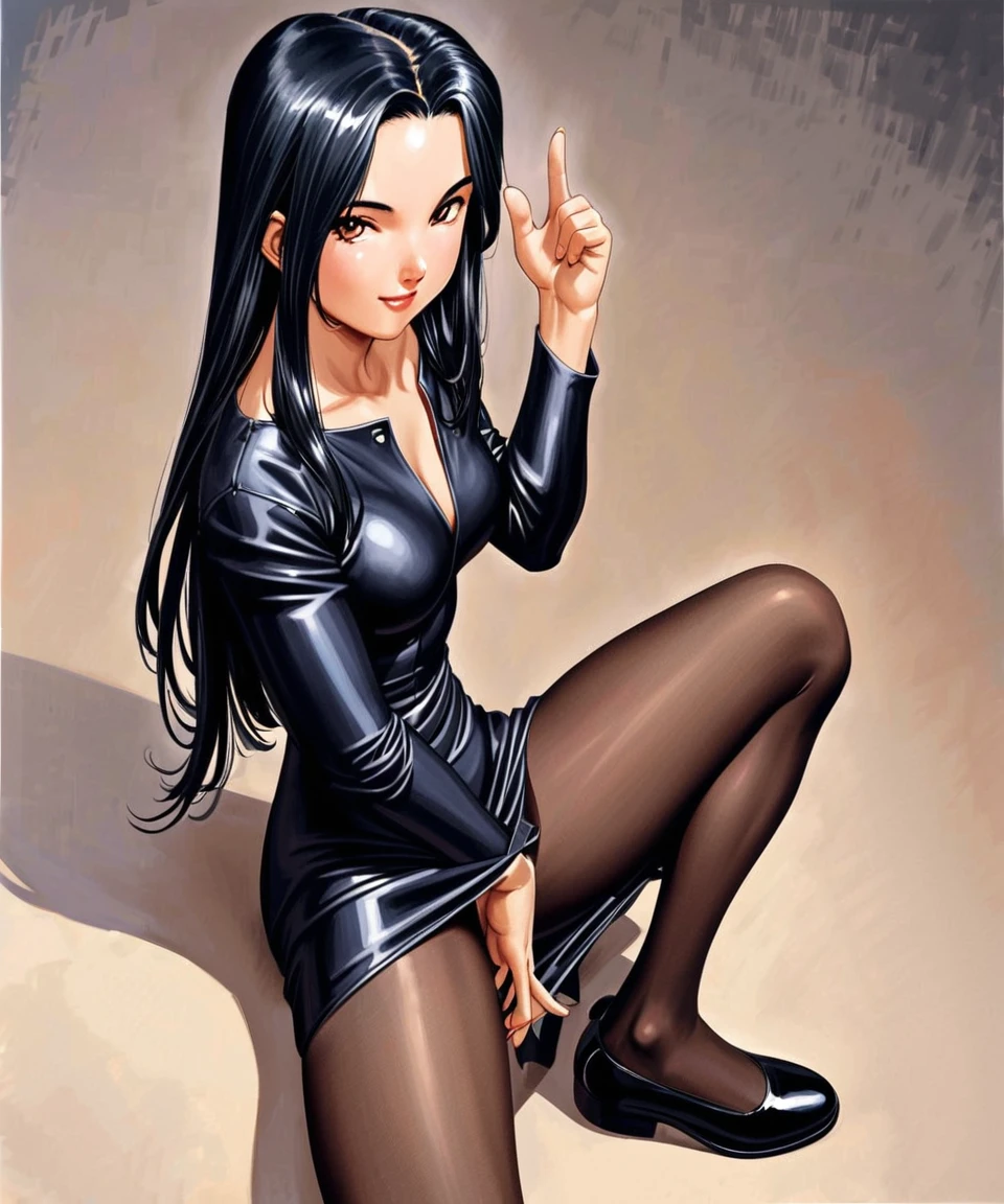 masterpiece, highest quality, divine quality, godlike art, highly detailed face, very realistic, cute, Kitaoji Hanabi, 1 girl, alone, pantyhose, black hair, ((Hair length is shoulder length)), dress, sitting, long sleeve, Touching the groin area with fingers, black dress, looking at the viewer, black footwear, black pantyhose, shoes, smile, traditional media, full body, bangs, Open your legs to the sides, Fingers touching the crotch, cumming face