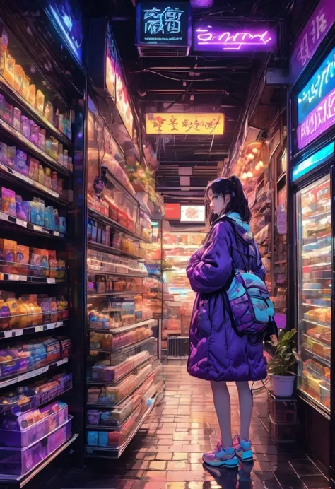 1girl, midnight convenience store, aesthetic, vibrant city lights, dimly lit shelves full of snacks and drinks, a cashier with t...