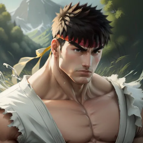 medium full shot. shirtless handsome beautiful young adult man Ryu, very detailed skin, street fighter, digital painting, splash...
