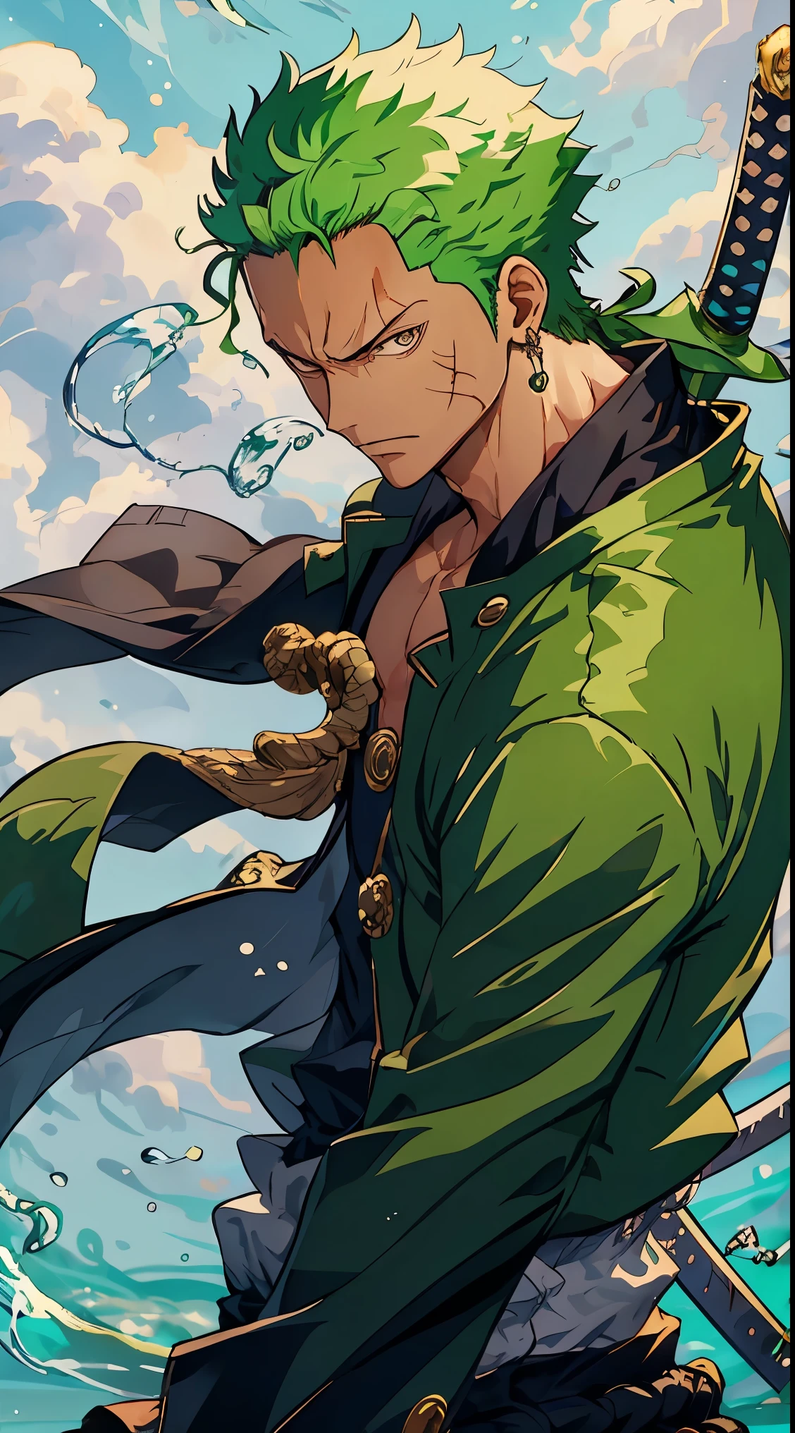 zoro, solo, looking at viewer, short hair, long sleeves, 1boy, jacket, upper body, weapon, male focus, japanese clothes, green hair, water, from side, scar, sheath, scar on face, sheathed, hair slicked back