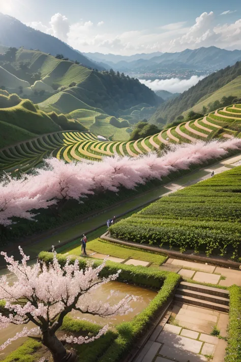 best quality，actual，real life，photography，masterpiece，best quality，there are several cherry blossoms in the tea field，terraces，d...