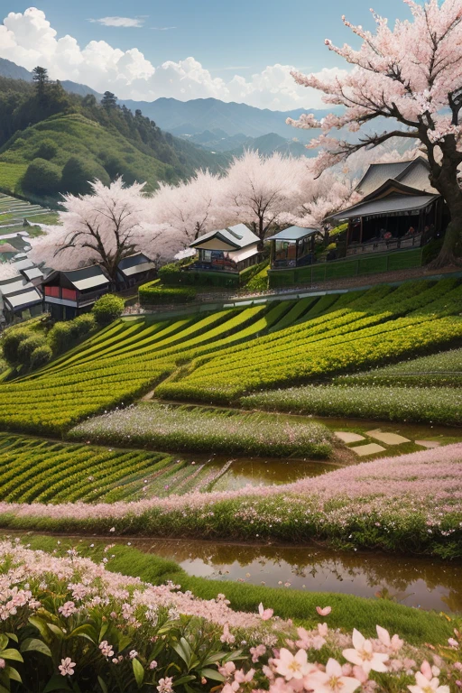 best quality，actual，real life，photography，masterpiece，best quality，There are several cherry blossoms in the tea field，Terraces，Dotted in the tea fields，Cherry blossoms are blooming one by one in the tea field，Structured，colorful，big scene，No characters required