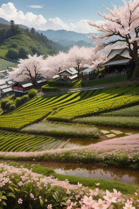 best quality，actual，real life，photography，masterpiece，best quality，there are several cherry blossoms in the tea field，terraces，d...