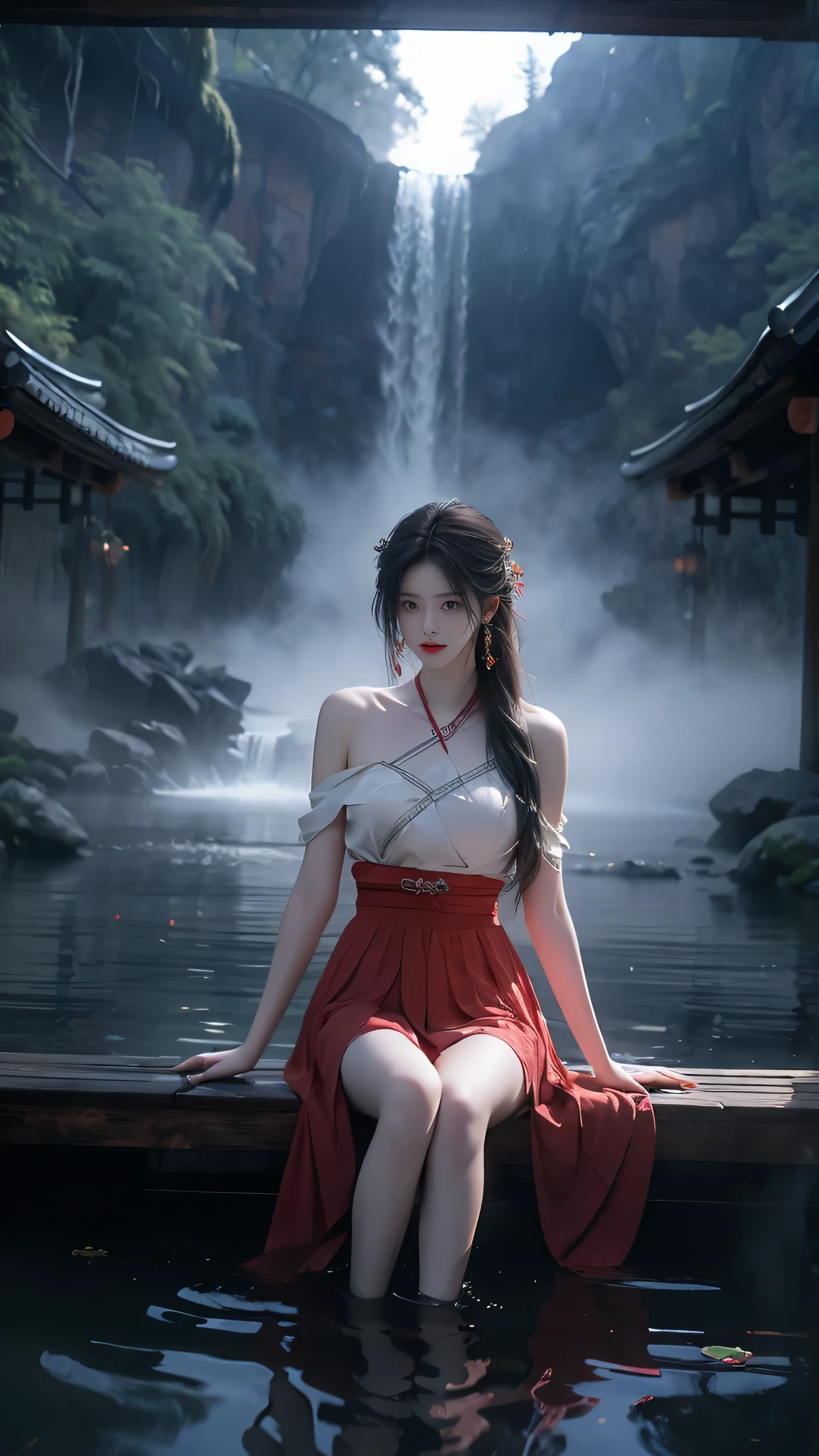 (masterpiece, best quality:1.2), 1 girl, alone, ((bare shoulders, The skirt is short)), In the depths of wonderland，Moonlight，Sit in the hot spring and play with water, sexy model，Slender sexy legs，very nice legs，Show sexy legs，big breasts，beautymystery colors。The face is beautiful and delicate，Otherworldly beauty。The light of wisdom。cherry colored lips，Revealing confidence and composure。The face is well defined，Skin as fair as jade，Reveal a healthy glow，Makeup is light and delicate，Show temperament and charm。Skin transparency，Bright and Vibrant。Charm and sophistication。Clothes fluttering，Action swing。beauty&#39;s scenery，Attractive posture。big breasts, beauty，grace，mystery，dream。