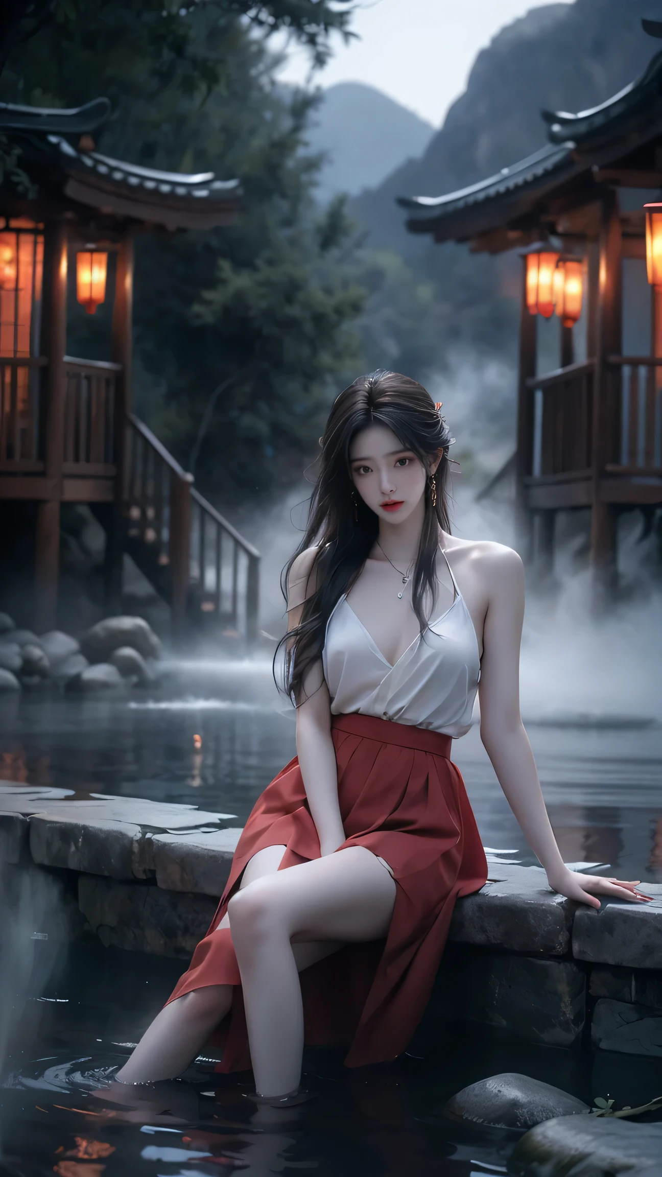 (masterpiece, best quality:1.2), 1 girl, alone, ((bare shoulders, The skirt is short)), In the depths of wonderland，Moonlight，Sit in the hot spring and play with water, sexy model，Slender sexy legs，very nice legs，Show sexy legs，big breasts，beautymystery colors。The face is beautiful and delicate，Otherworldly beauty。The light of wisdom。cherry colored lips，Revealing confidence and composure。The face is well defined，Skin as fair as jade，Reveal a healthy glow，Makeup is light and delicate，Show temperament and charm。Skin transparency，Bright and Vibrant。Charm and sophistication。Clothes fluttering，Action swing。beauty&#39;s scenery，Attractive posture。big breasts, beauty，grace，mystery，dream。