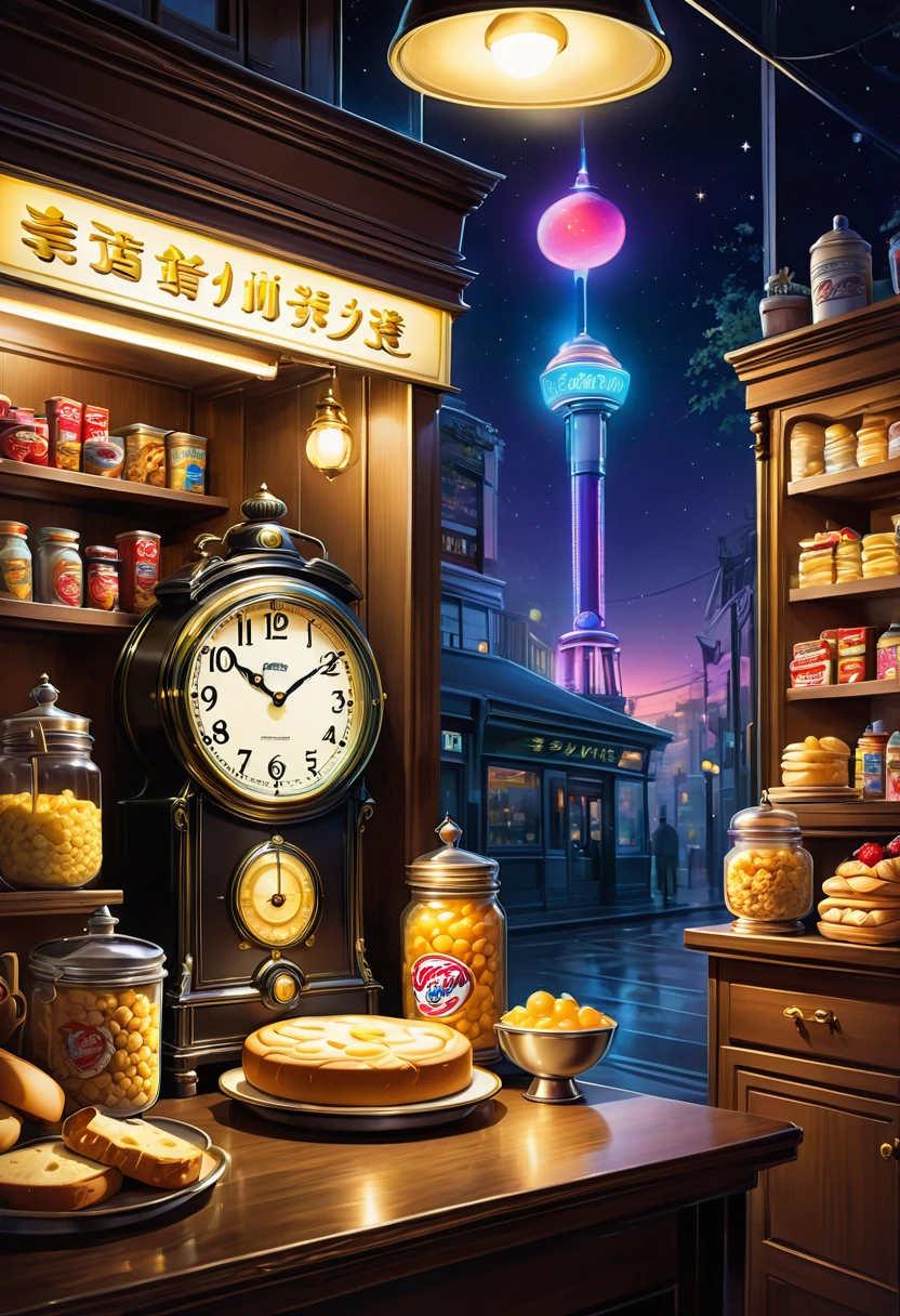  Fantasy lights, dim lighting, art, big old retro clock, the sound of the pendulum, the sound of the pendulum can often be heard in convenience stores at midnight.，Every move attracts attention，Makes the whole scene more mysterious。


               Old fashioned decor and snacks on the cabinet counter at midnight convenience store，There are usually a variety of snacks on the counter.，Such as bread、Desserts, etc.，They look tempting，

               As if silently telling a story about midnight。Very meticulous, paint by numbers, Art station illustration, 

                  Artworks Official Artworks, top quality, best quality