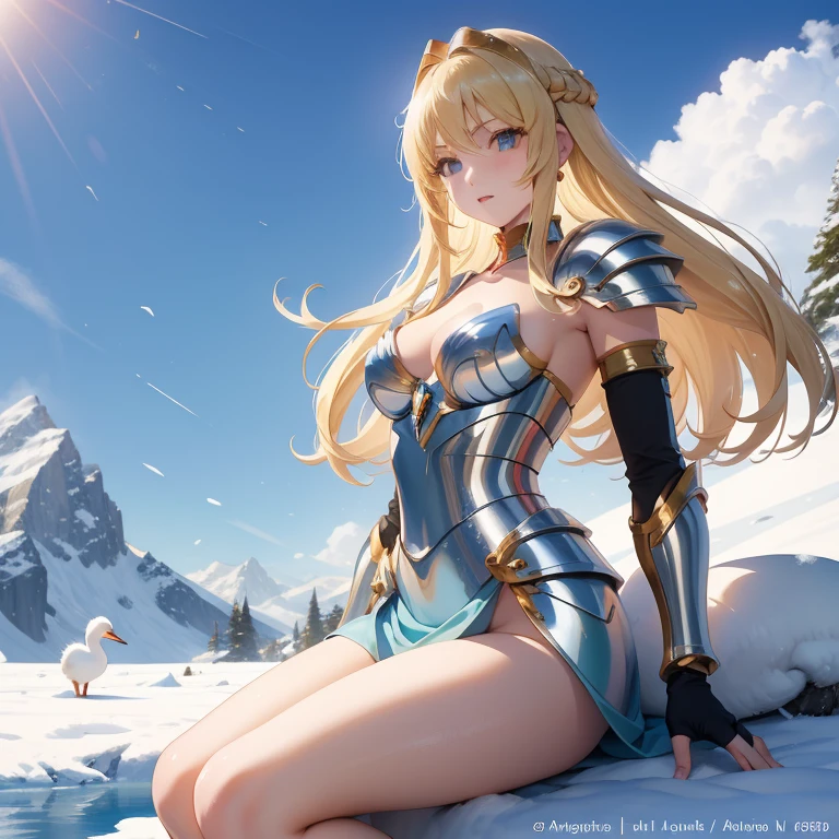 une femme, 25 ans, manga, cheveux longs, cheveux blond, armure, armure du cygne, saint seiya, chevalier du zodiaque, dans un paysage glacial, neige, glacier