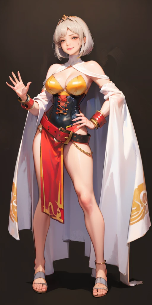 ((BLACK BACKGROUND,1:2, masterpiece)), full body MILF BIMBO standing with two long thighs and two metal sandals, red eyes, silver white hair, short bob style hair, big breasts, cleavage, separate sleeves, tiara royal, long cape up to two feet, yellow bikini, hands on waist, navel, lustful smirking smiling, smile face (red blushed, red cheeks), metal shoulders, gold sleeveless armbands, black leather choker slave collar, shackle bracelets, sex slave red crest, pauldrons, breastplate, corset, eye focus, full body, whole body. 1solo . slave fighter, loincloth standing, hands on hips, metal sandals, backpack, choker, big belt, view from below, feet together, bracers, tiara