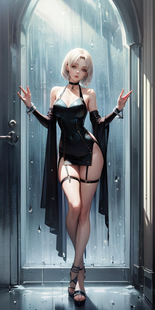 1solo female with 2 hands on glass, glass window fog water drop, metal handcuffs, black choker collar, thigh highs, long legs, metal ankle, metal sandals, metal shoulders, standing straight symmetrical against glass
