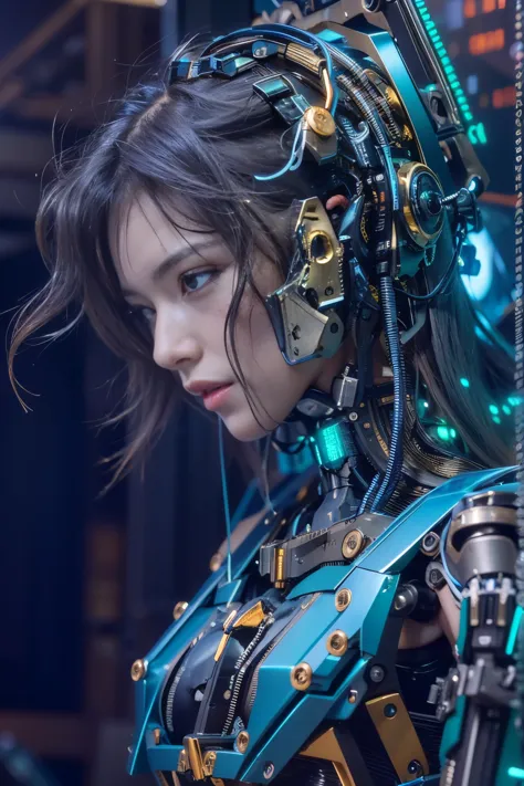 cyborgized Japanese woman, extremely ultra cute face, , skinny body, flat chest,  (blue metallic mechanical frame:1.5), (Power c...