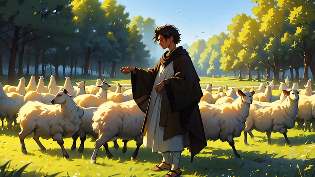 In a cinematic picture shot, Abel is portrayed amidst a backdrop of pastoral beauty, surrounded by lush green fields and gentle rolling hills. His attire is simple yet wholesome, adorned in a soft, earth-toned tunic that reflects his humble lifestyle. As the golden rays of sunlight filter through the trees, Abel's face radiates with a serene joy, his eyes alight with innocence and contentment. With a flock of sheep grazing peacefully nearby, he exudes an aura of harmony and tranquility, embodying a life lived in harmony with nature. The scene captures Abel's essence as a gentle soul, deeply connected to the rhythms of the land, finding fulfillment in the simplicity of his existence. Abel is wearing a tunic made of wool or linen, possibly dyed with natural colors. He might have worn a cloak or robe for warmth during cooler weather, along with sandals to protect his feet while tending to his flock. His clothing would likely have been simple and functional, reflecting the lifestyle of a shepherd in that era.